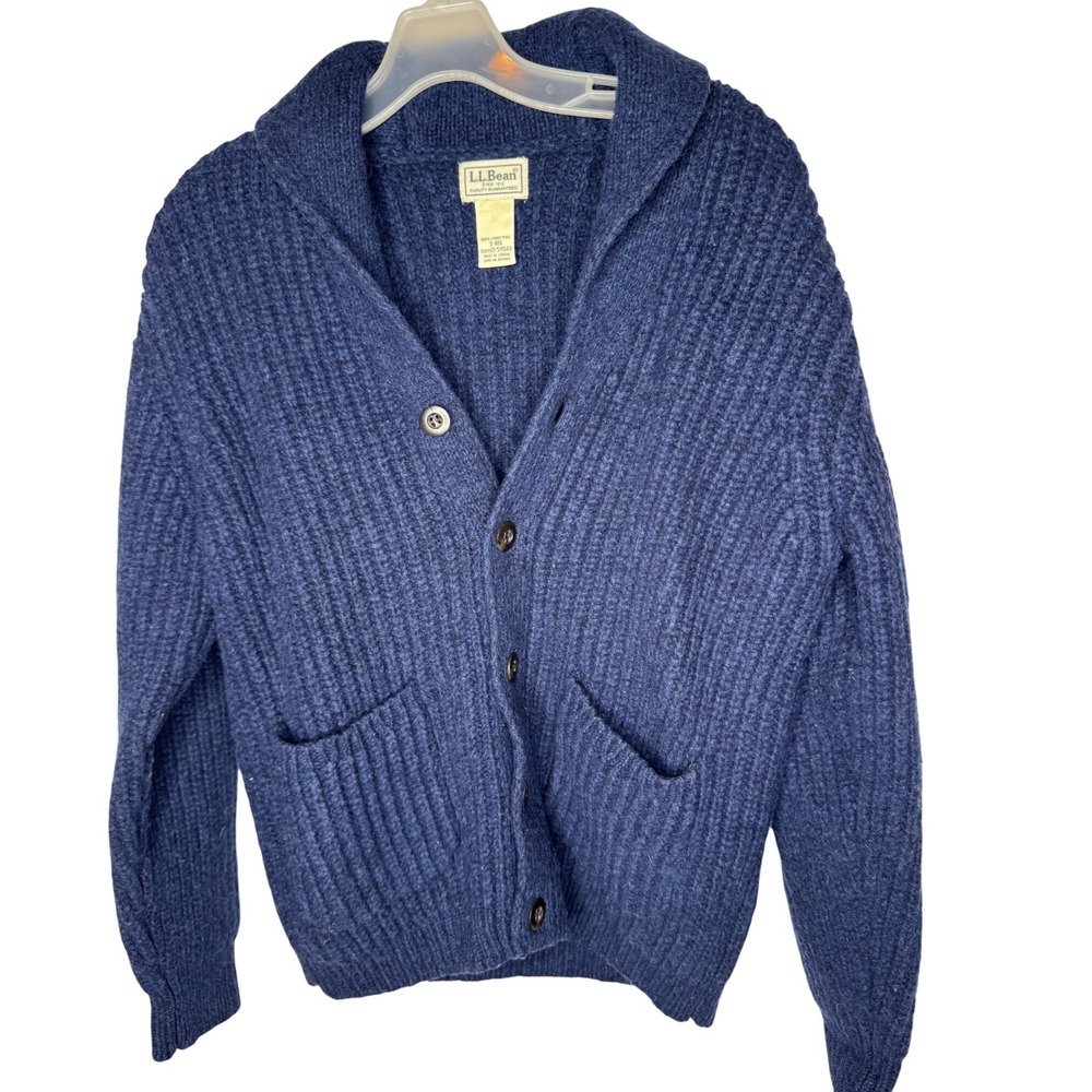 LL Bean Womens Lambswool Shawl Collar Cardigan Sweater Blue Knit 511548 S-REG